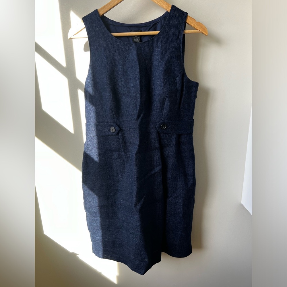 J CREW Jumper Teacher Dress Linen Jute Sleeveless Modest Tailored Blue 8 P‎